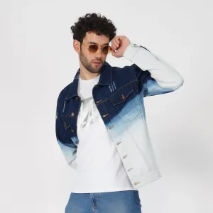 SLAY. Men's Full Sleeves Ombre Effect Solid Button-Down Ripped Denim Jacket