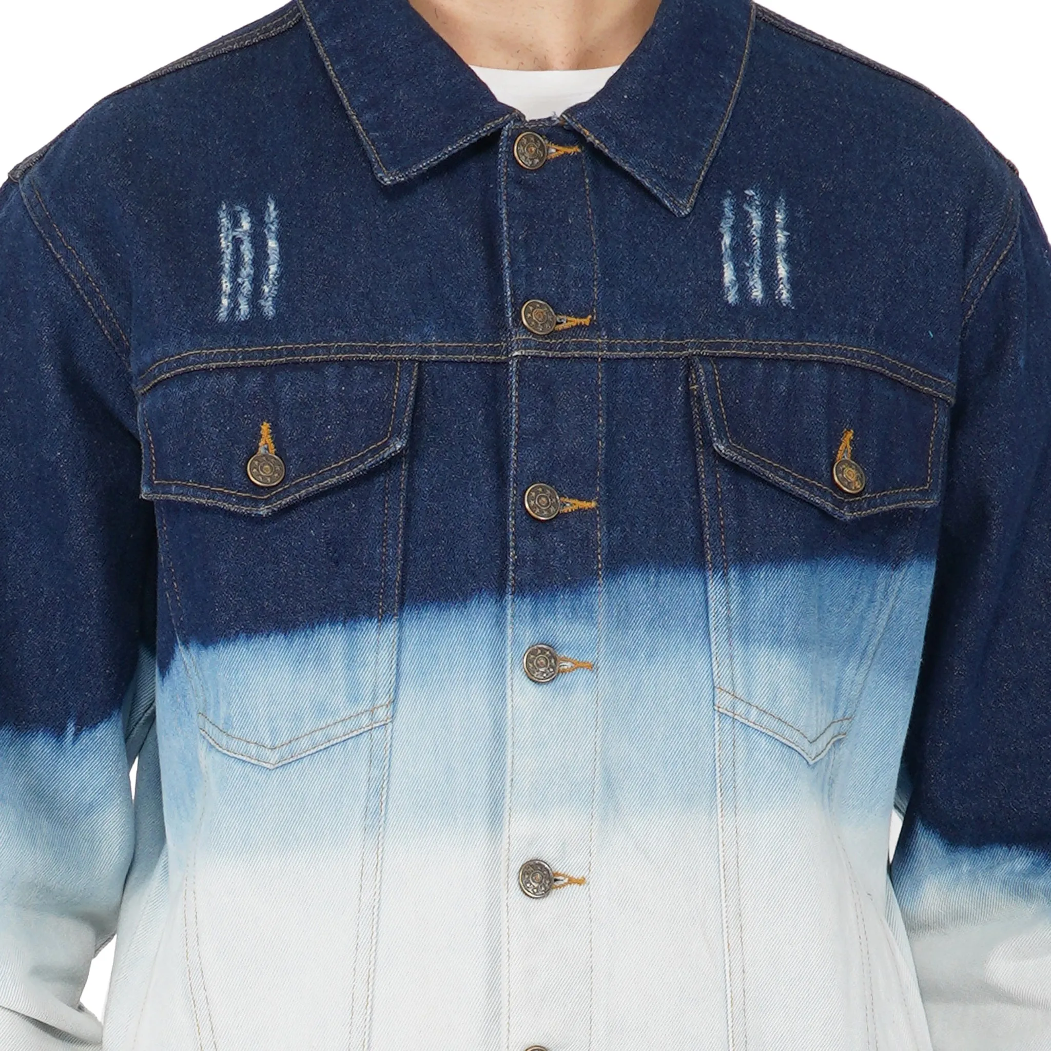 SLAY. Men's Full Sleeves Ombre Effect Solid Button-Down Ripped Denim Jacket