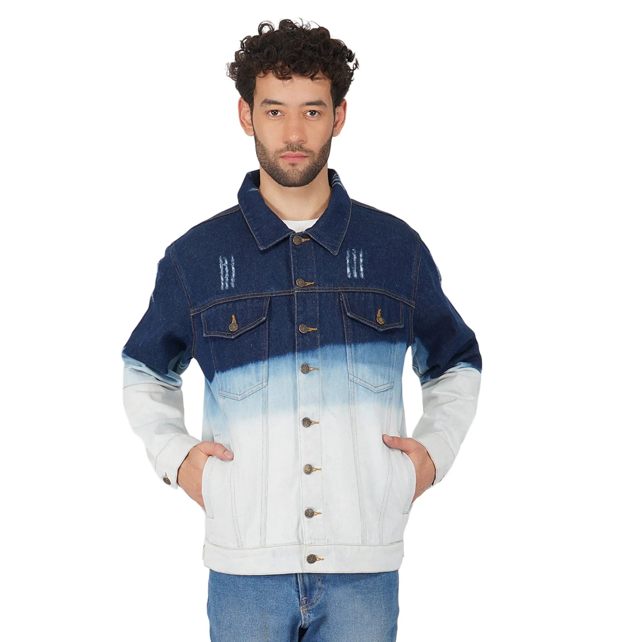 SLAY. Men's Full Sleeves Ombre Effect Solid Button-Down Ripped Denim Jacket