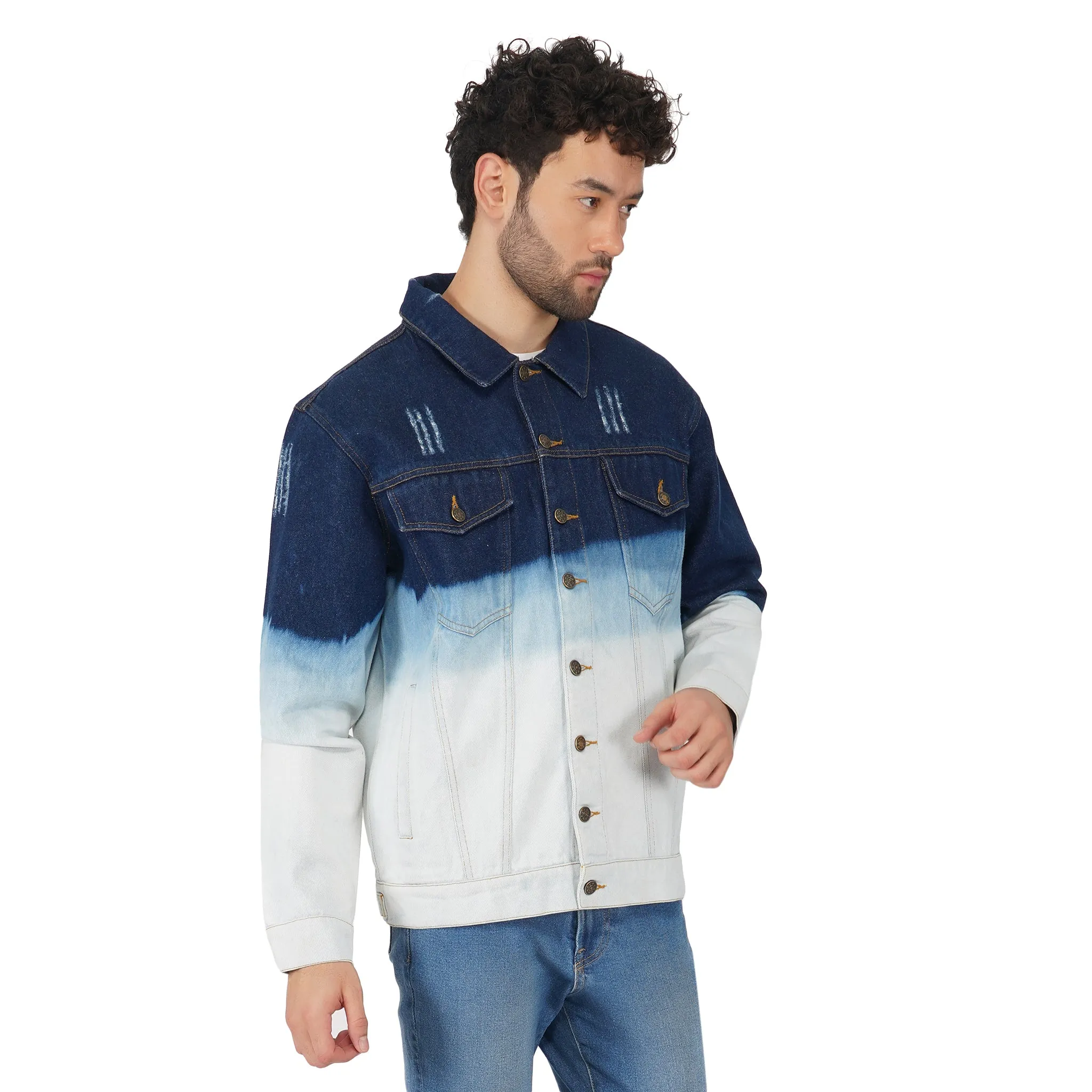 SLAY. Men's Full Sleeves Ombre Effect Solid Button-Down Ripped Denim Jacket