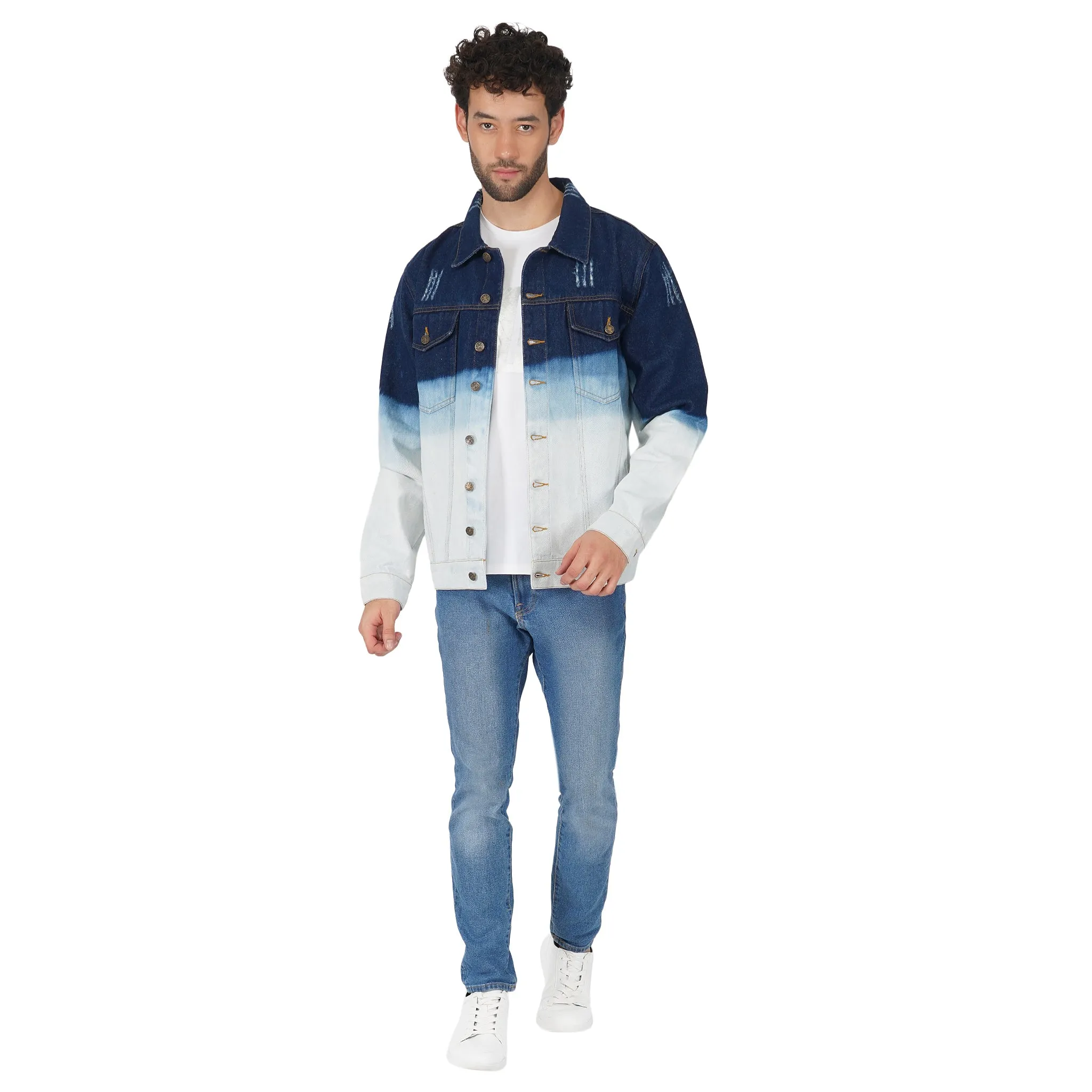 SLAY. Men's Full Sleeves Ombre Effect Solid Button-Down Ripped Denim Jacket