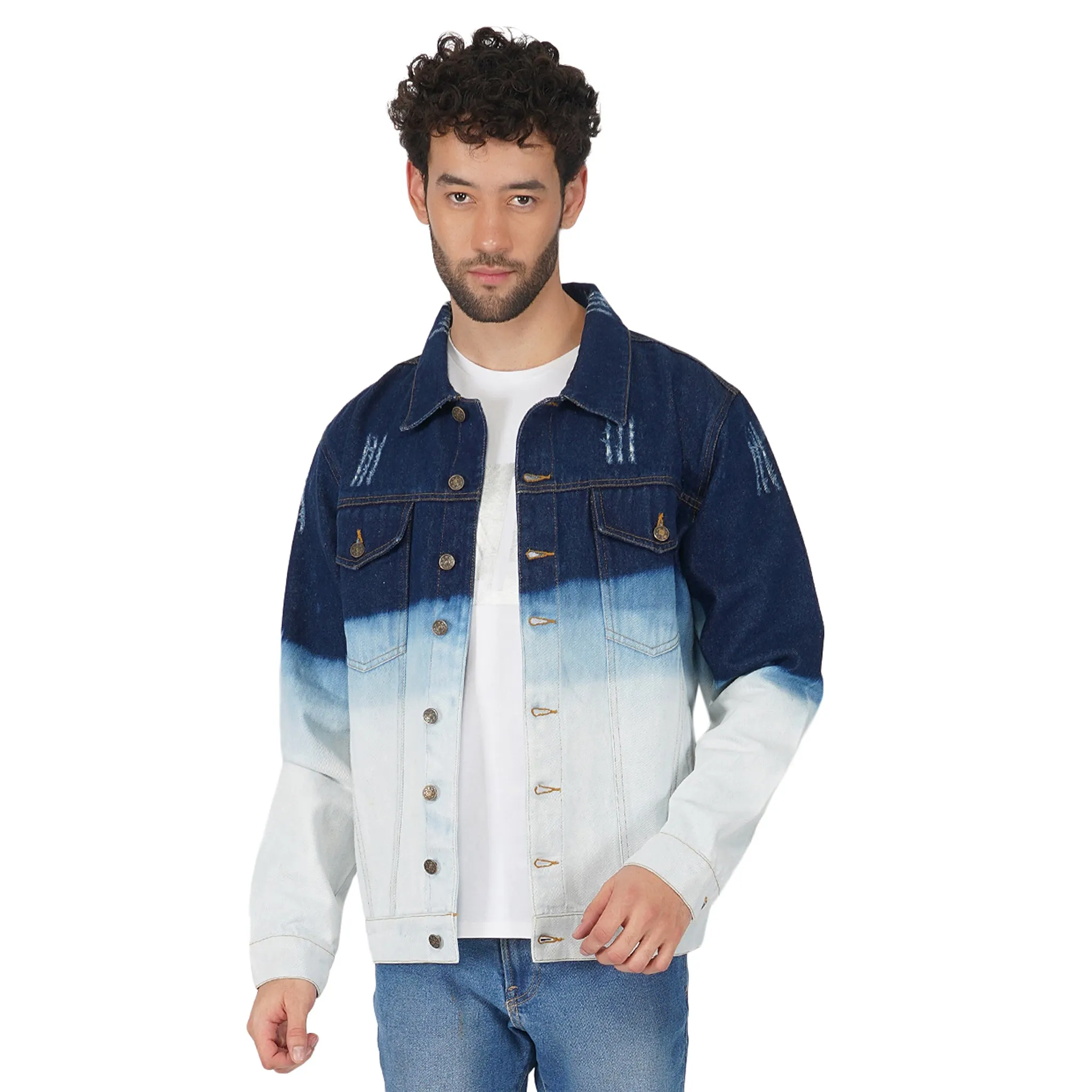 SLAY. Men's Full Sleeves Ombre Effect Solid Button-Down Ripped Denim Jacket