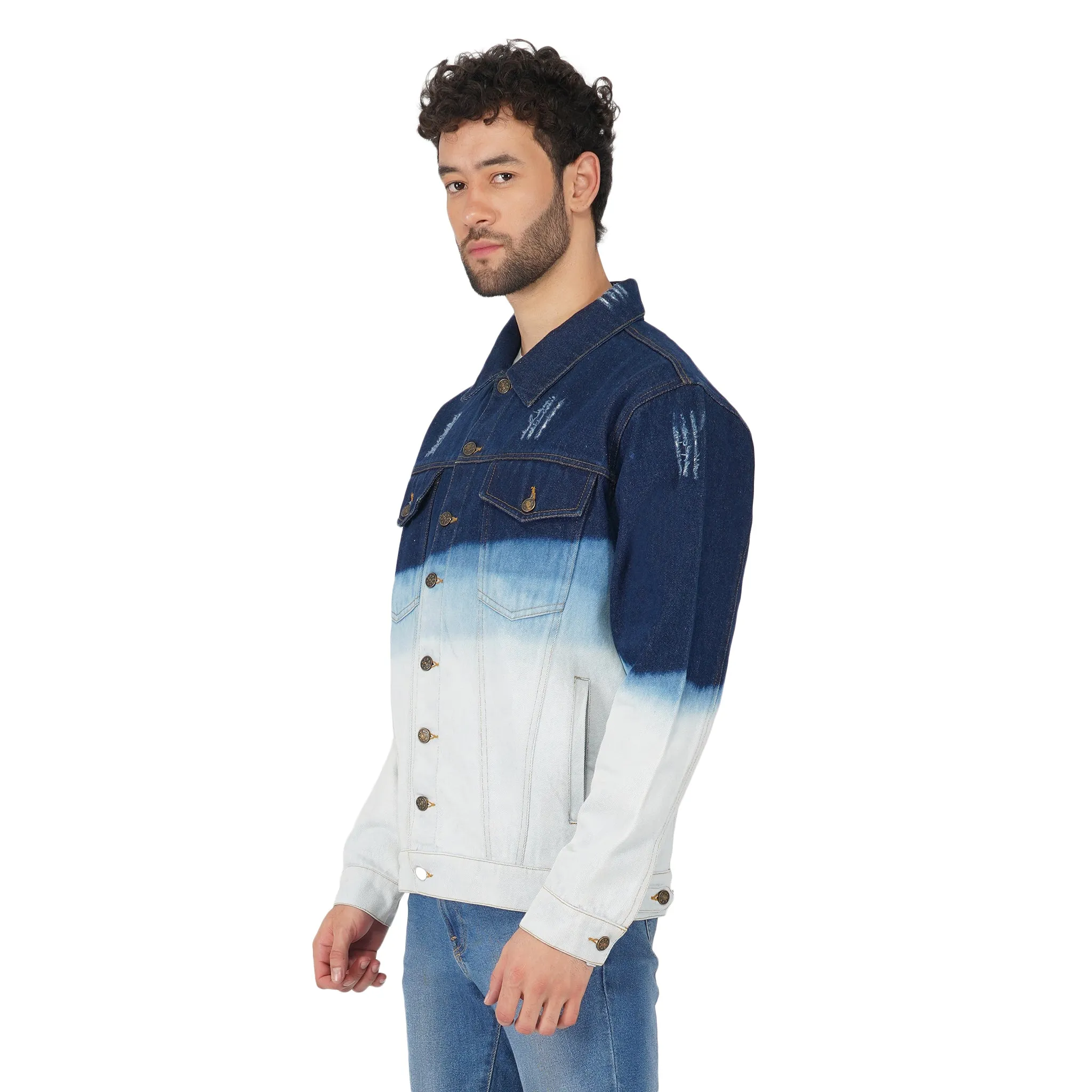 SLAY. Men's Full Sleeves Ombre Effect Solid Button-Down Ripped Denim Jacket