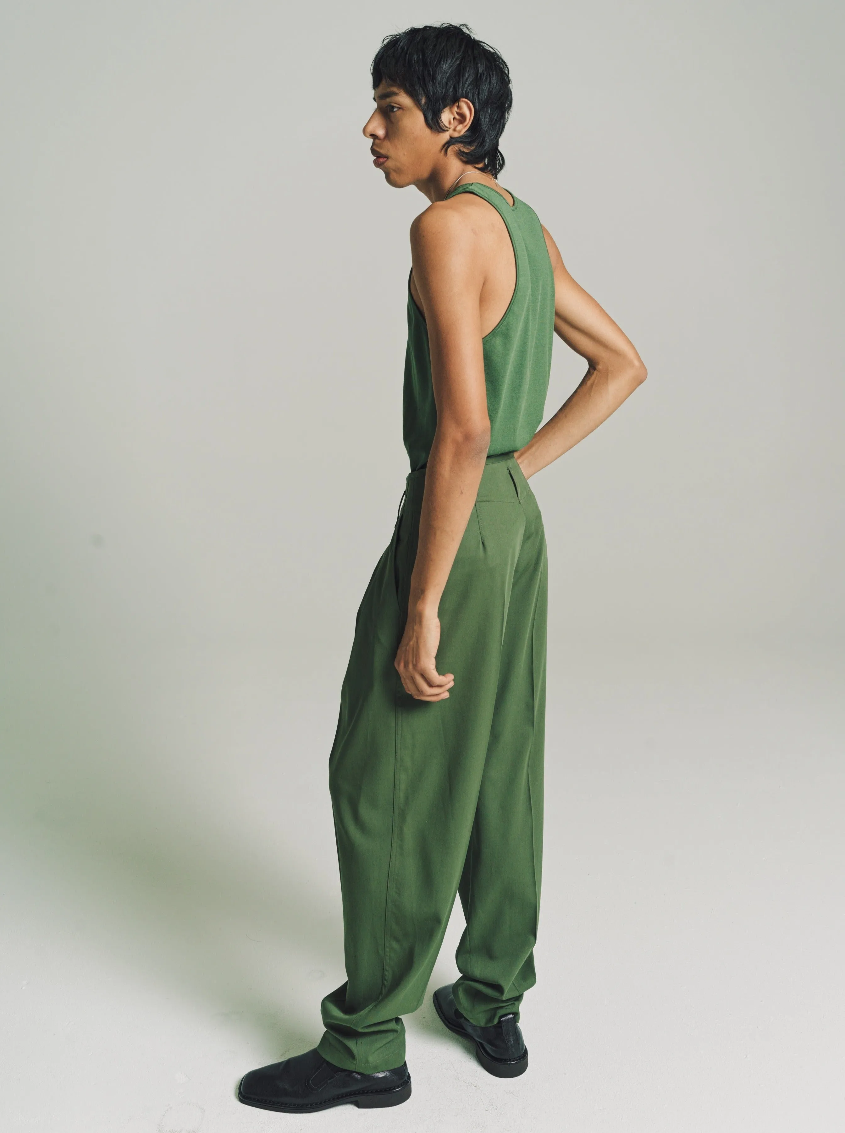 Smoky Green Wool Tailored Pleated Pants