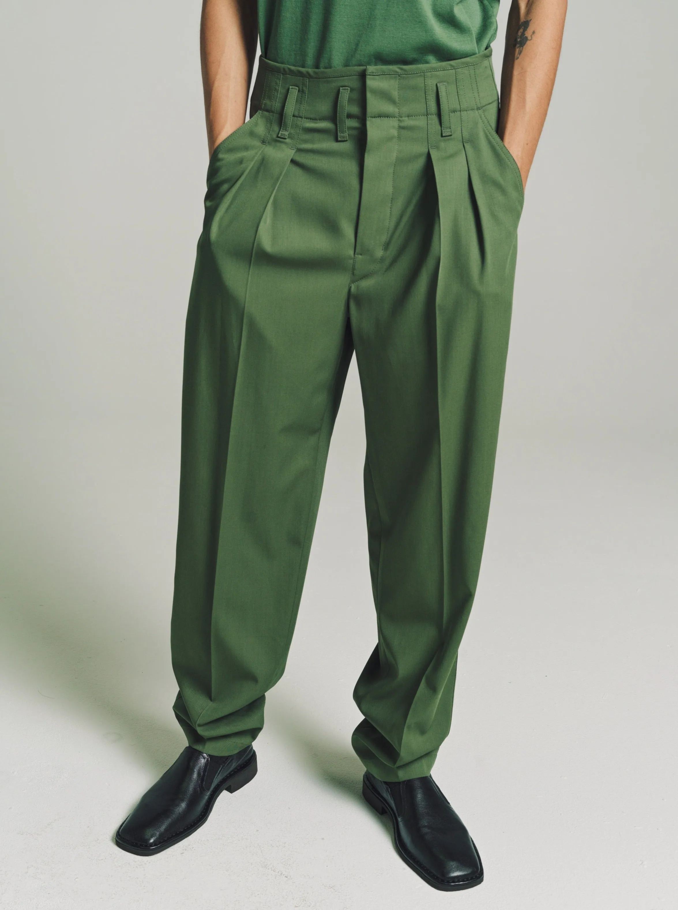 Smoky Green Wool Tailored Pleated Pants