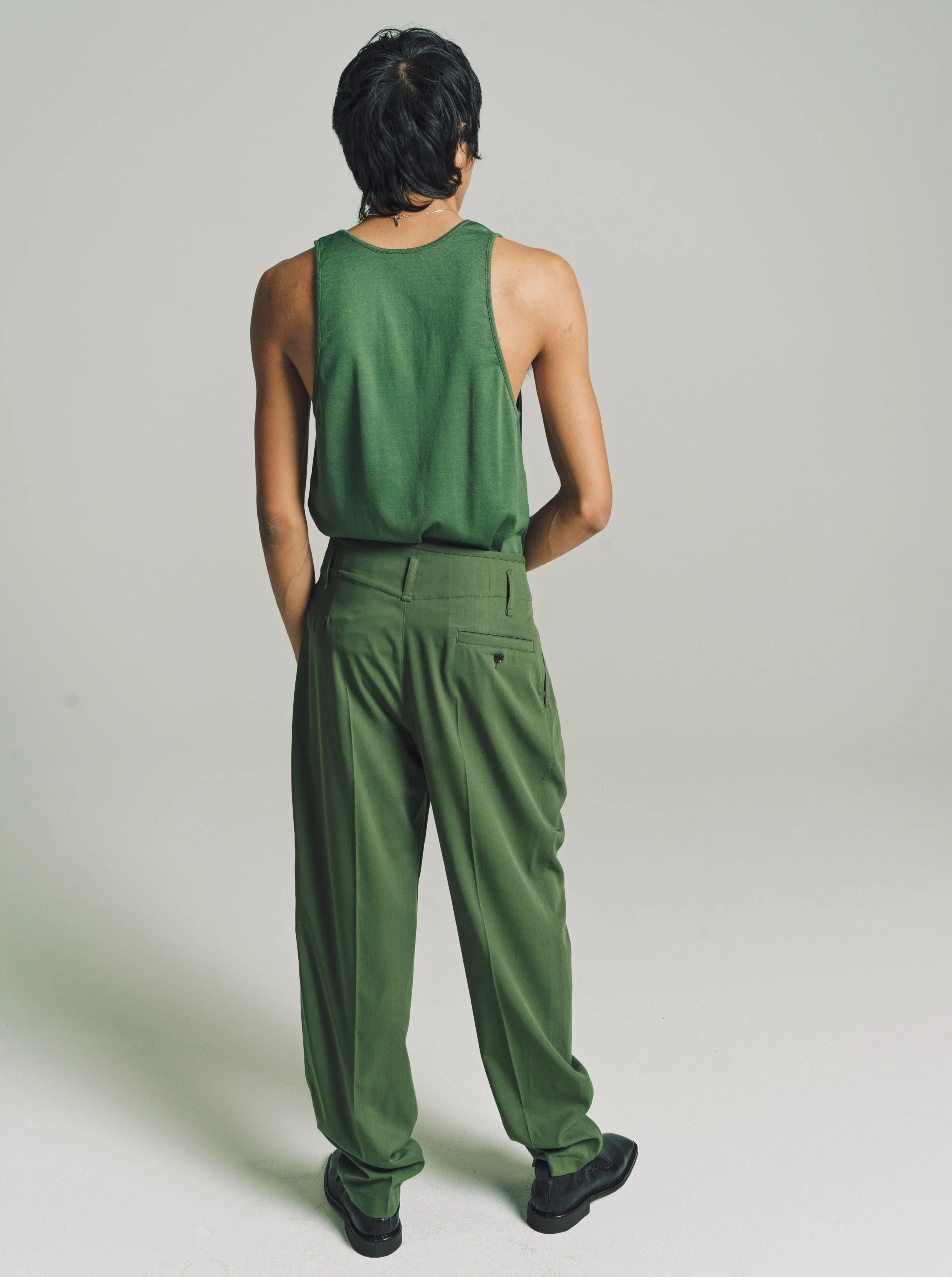 Smoky Green Wool Tailored Pleated Pants