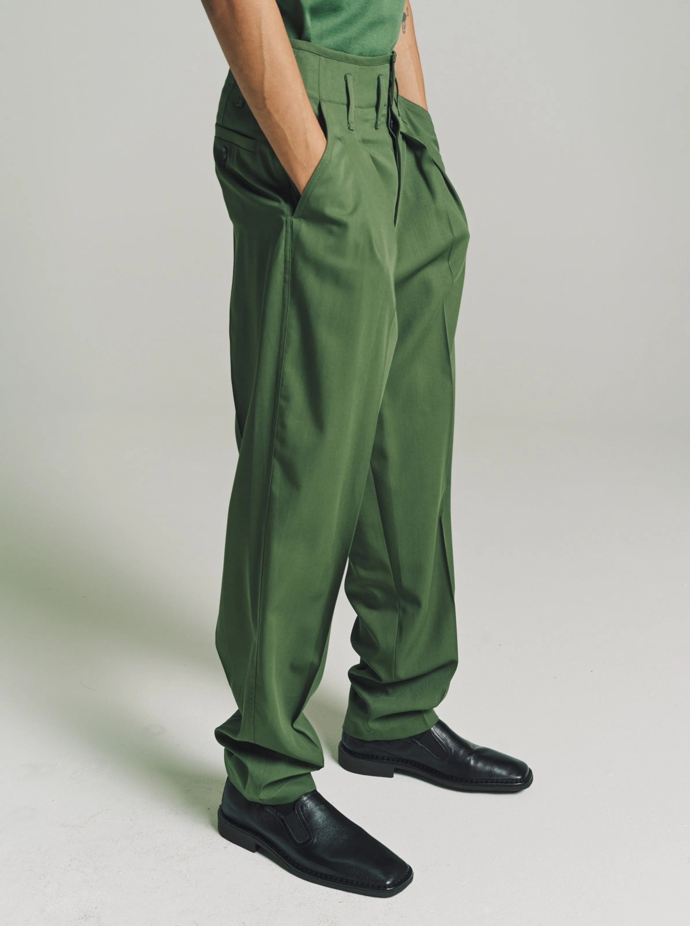 Smoky Green Wool Tailored Pleated Pants