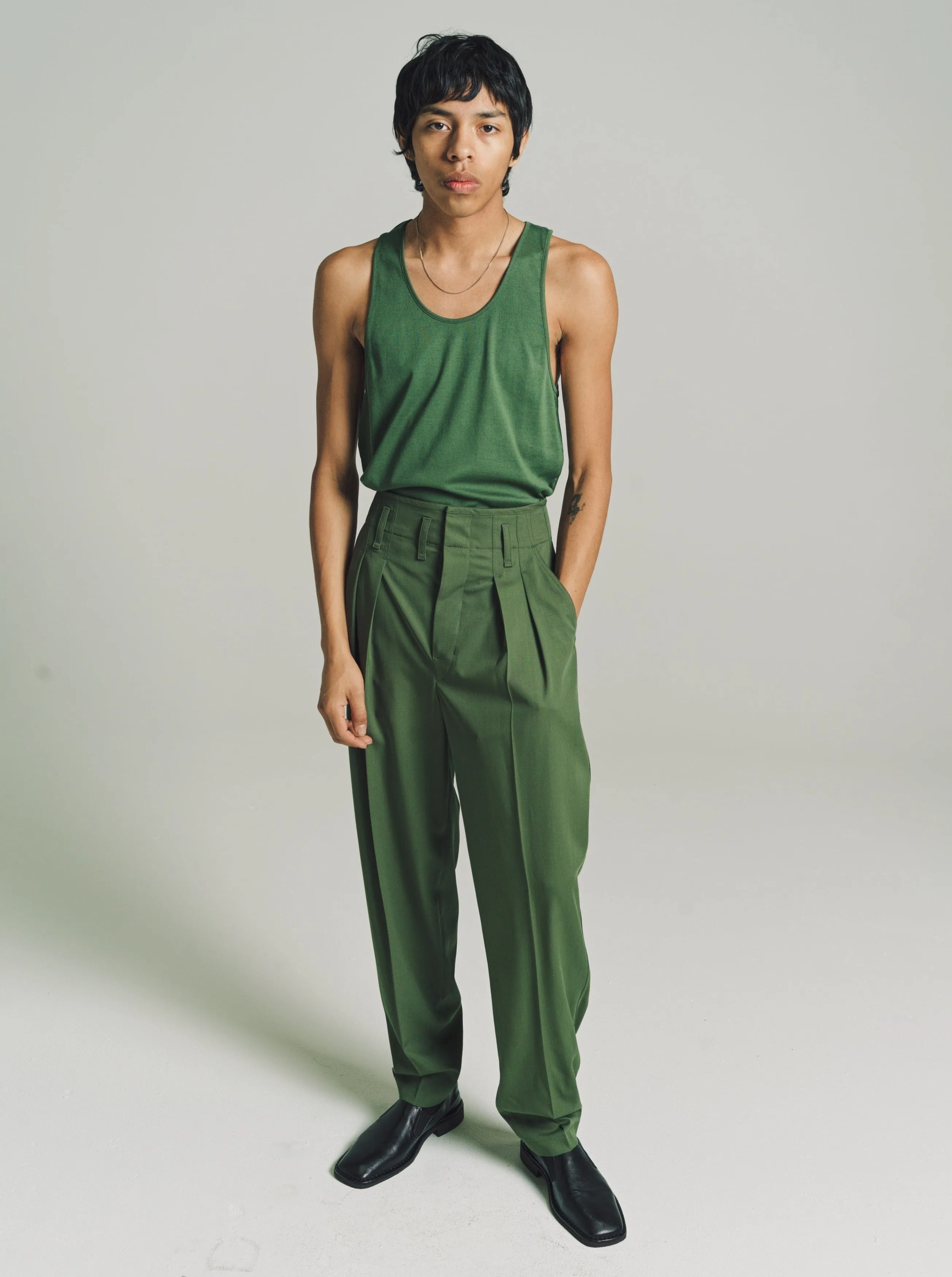 Smoky Green Wool Tailored Pleated Pants