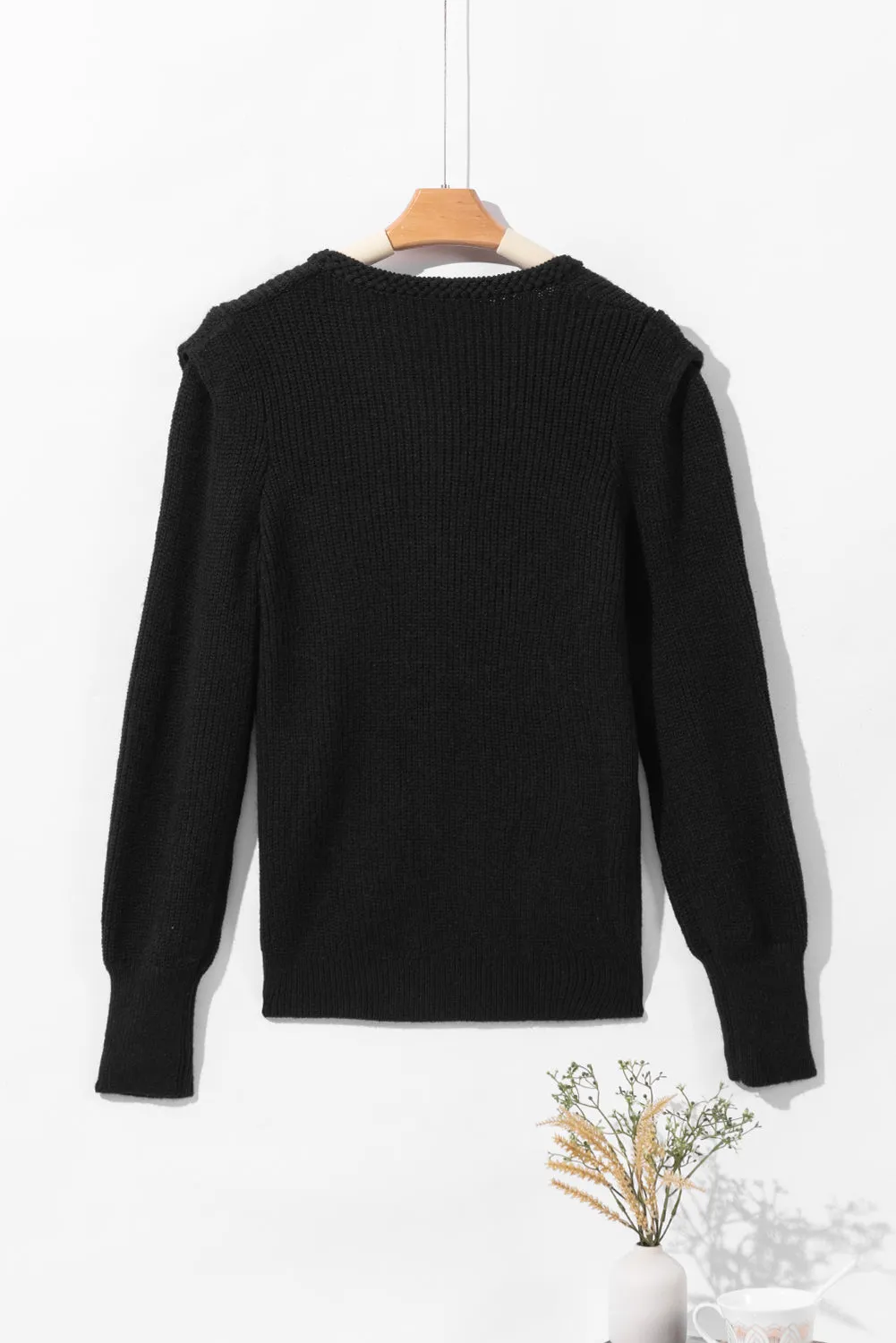 Solid Color Notched Long Sleeve Sweater