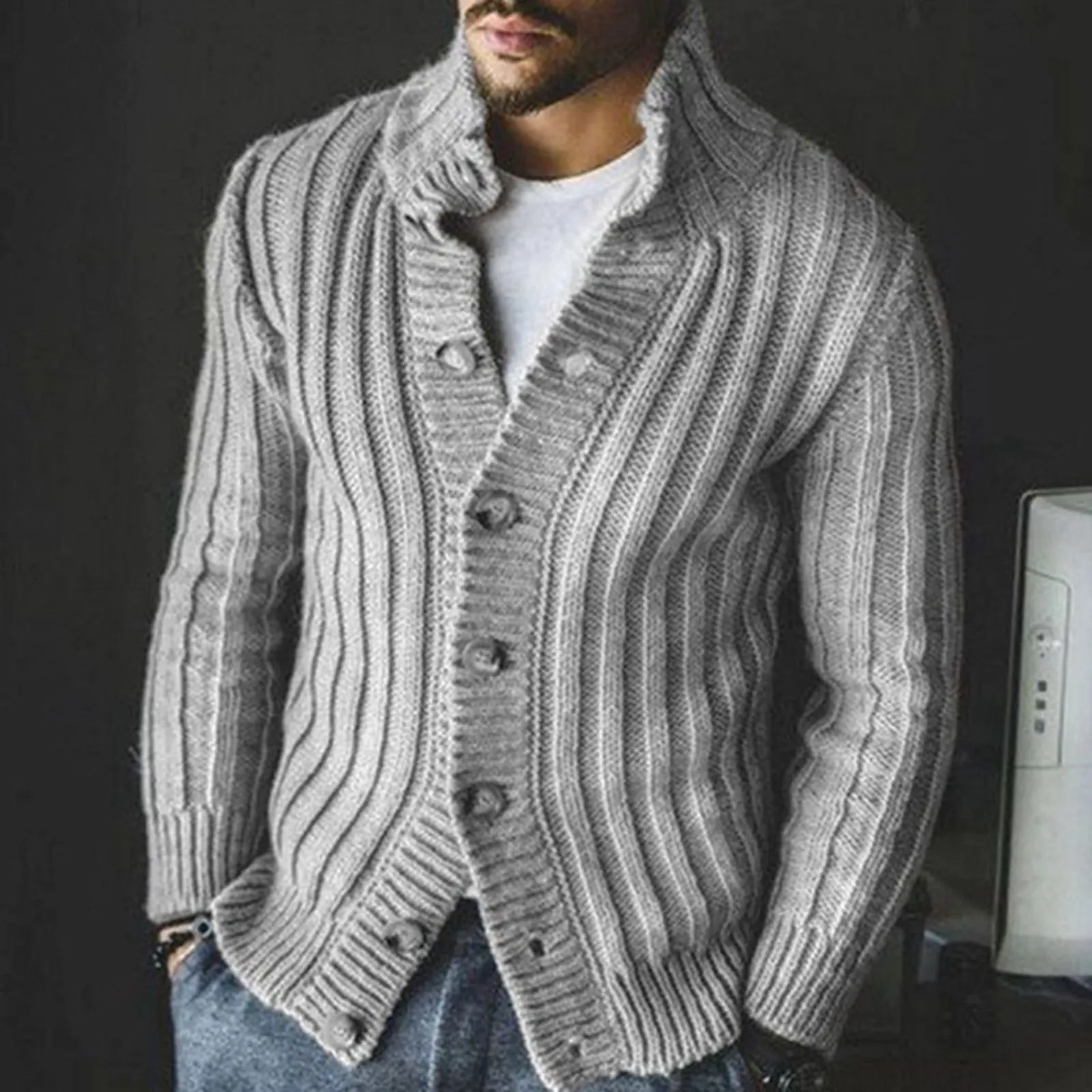 SOLID COLOR RIBBED BUTTON UP SWEATER COAT