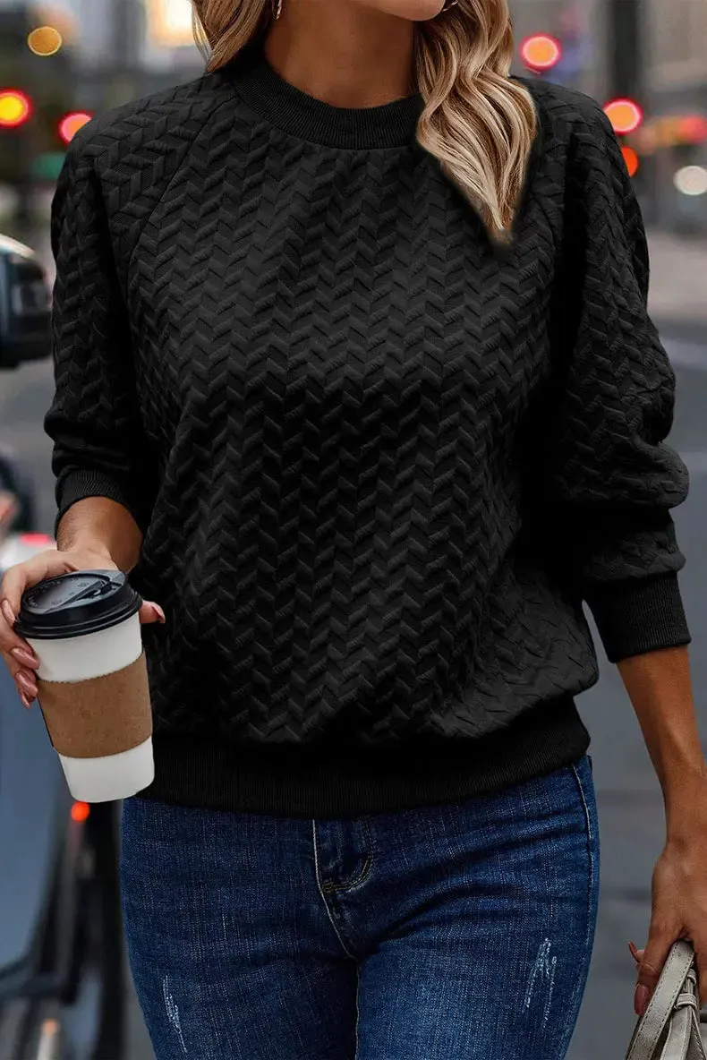 Solid Color Textured Round Neck Sweater