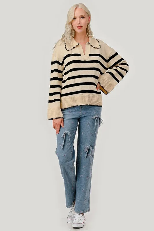 Striped Knit Bell Sleeve Sweater