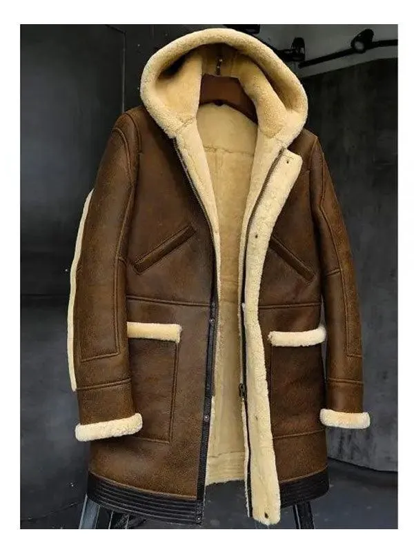 Stylish and Warm Hooded Sheepskin Shearling Leather Jacket