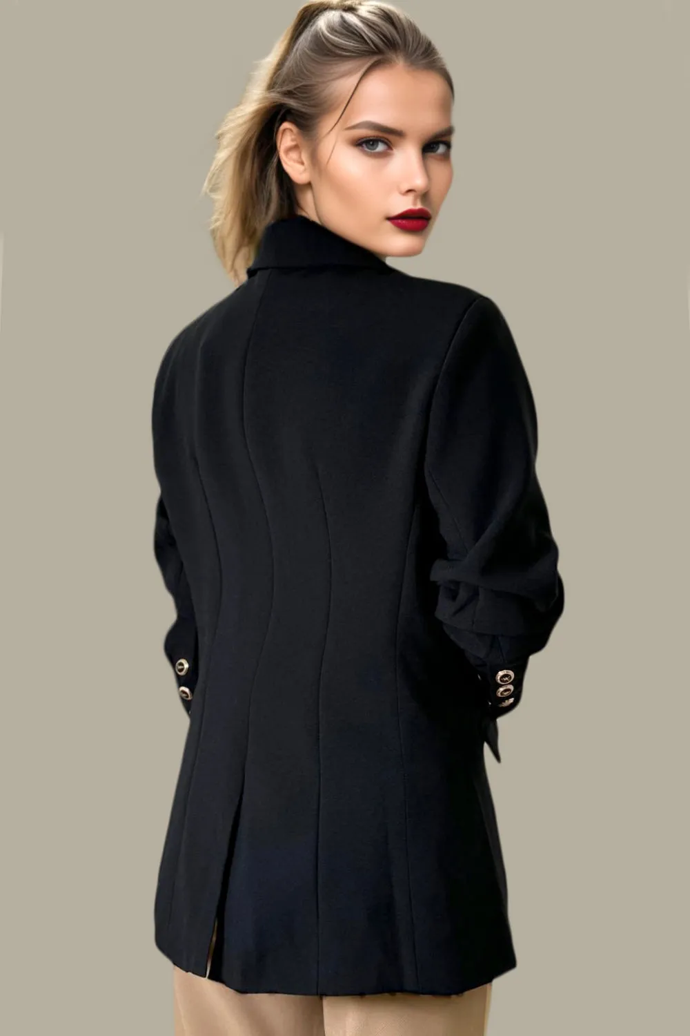 T2505 BLACK 3/4 RUCHED SLEEVE BLAZER JACKET