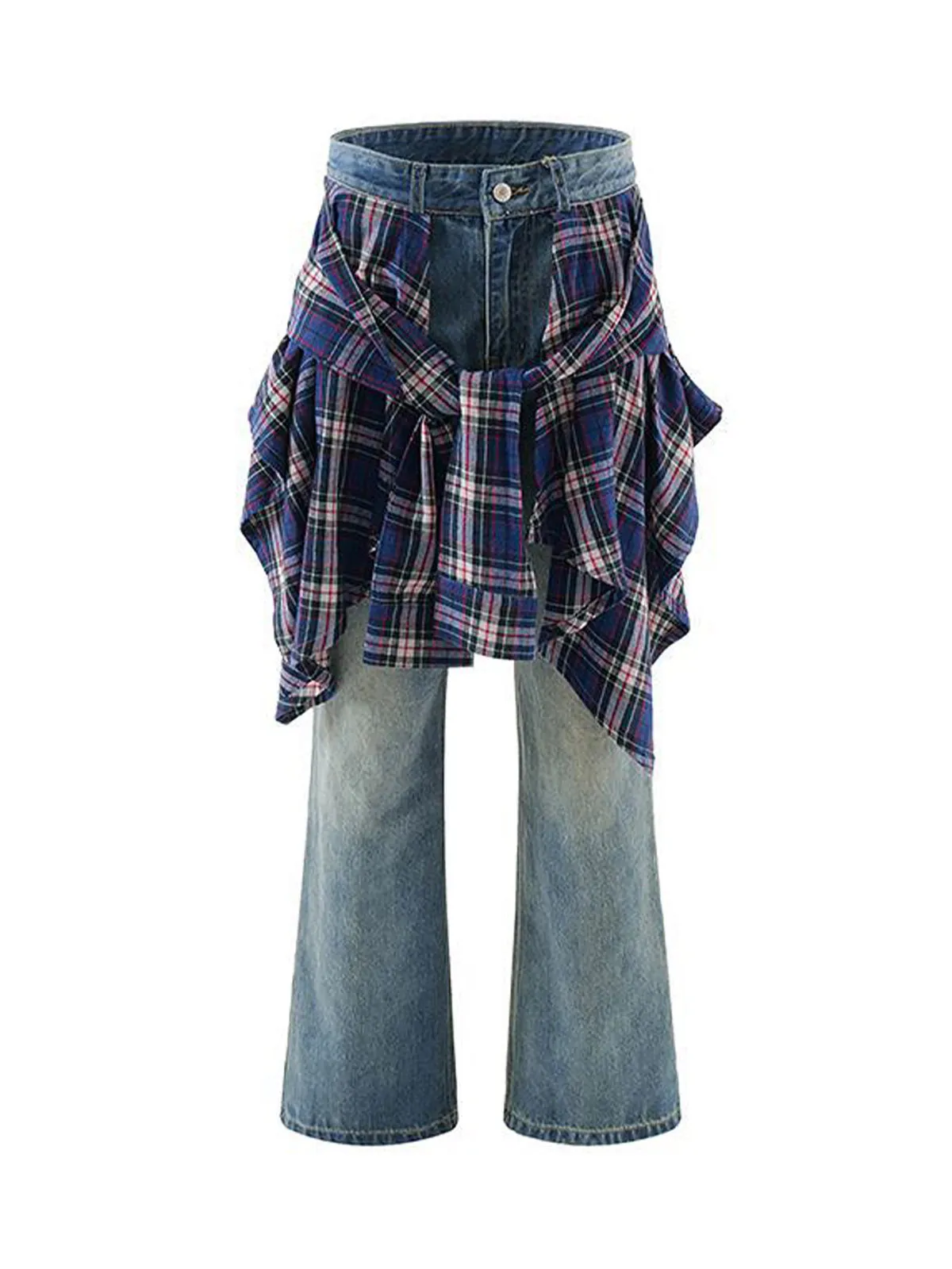 Thesupermade Faux Two-piece Plaid Straight Jeans