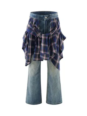 Thesupermade Faux Two-piece Plaid Straight Jeans