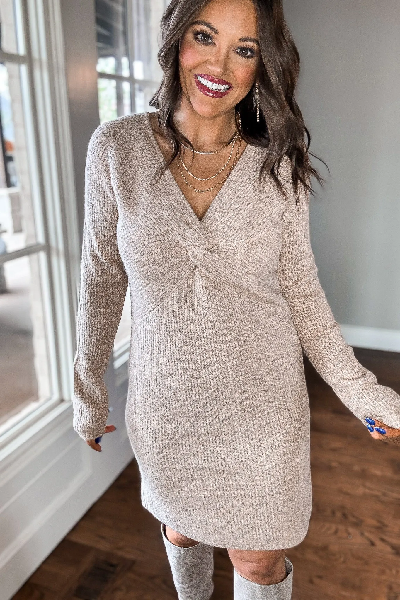 Twist Light Tan Two-Tone Sweater Dress