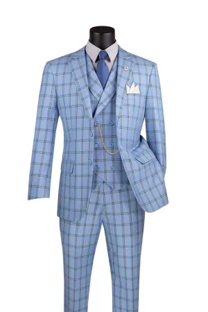 Vinci Modern Fit Windowpane Suit 3 Piece Light Blue MV2W-4