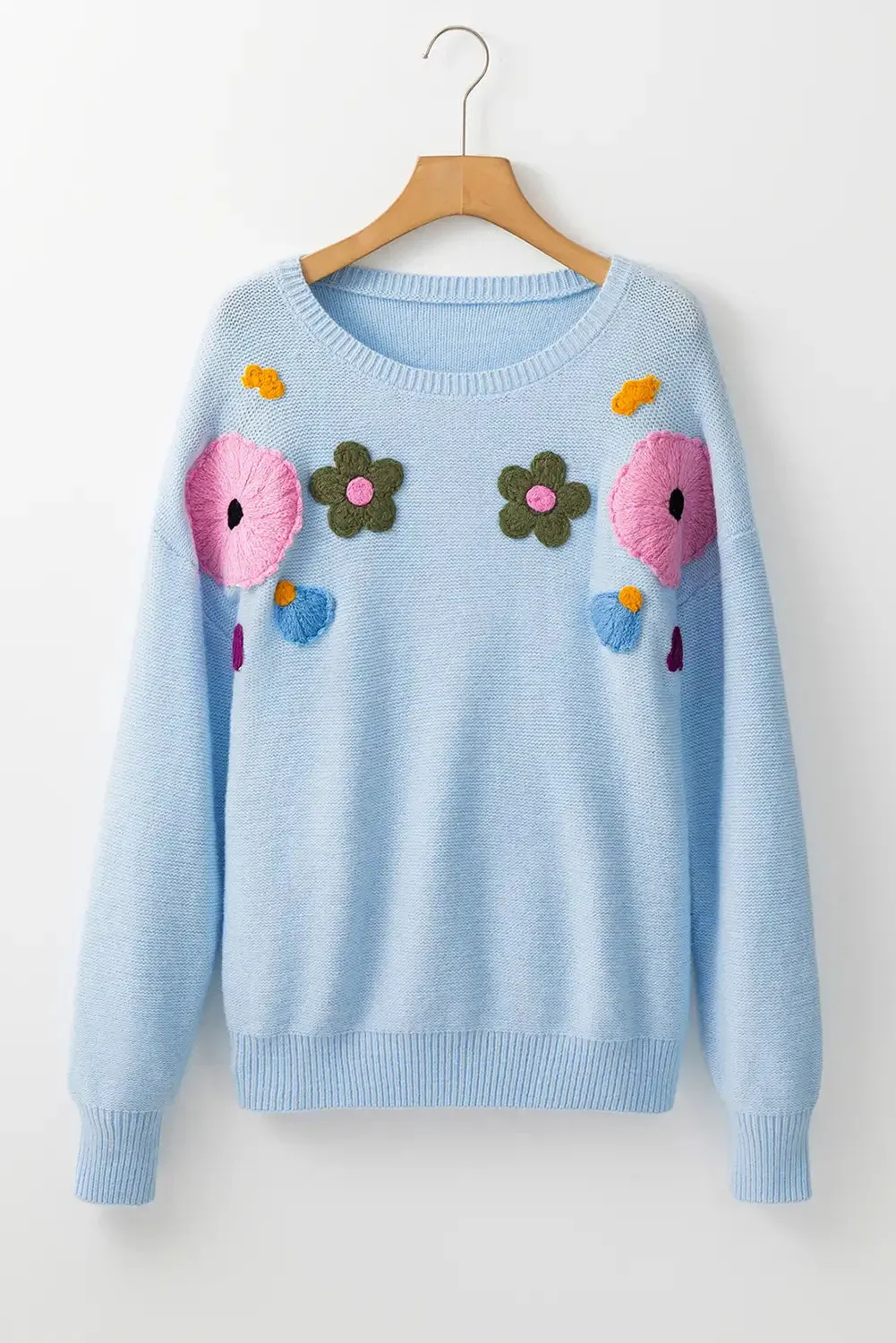 Whimsical Light Blue Knitted Flower Sweater