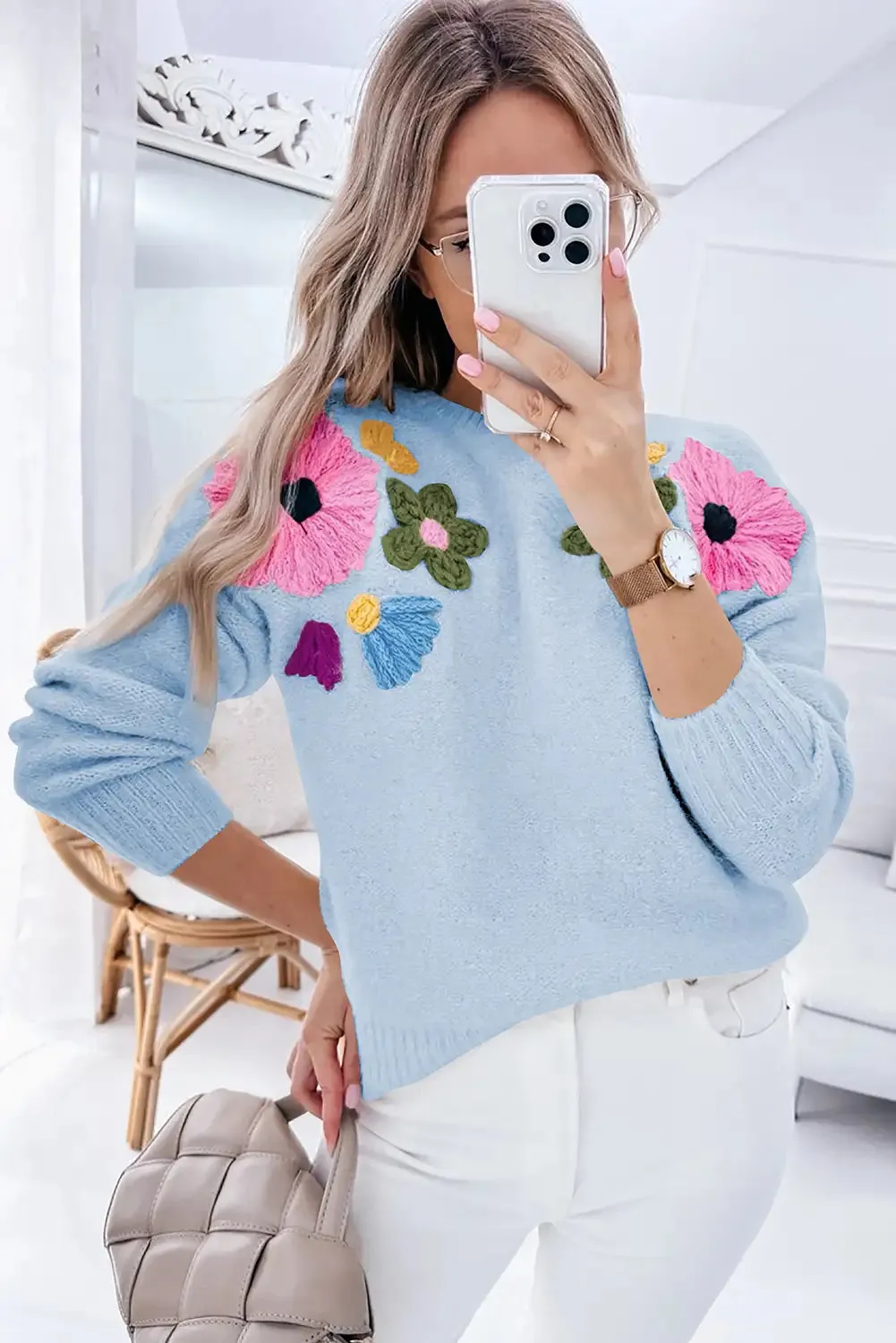 Whimsical Light Blue Knitted Flower Sweater