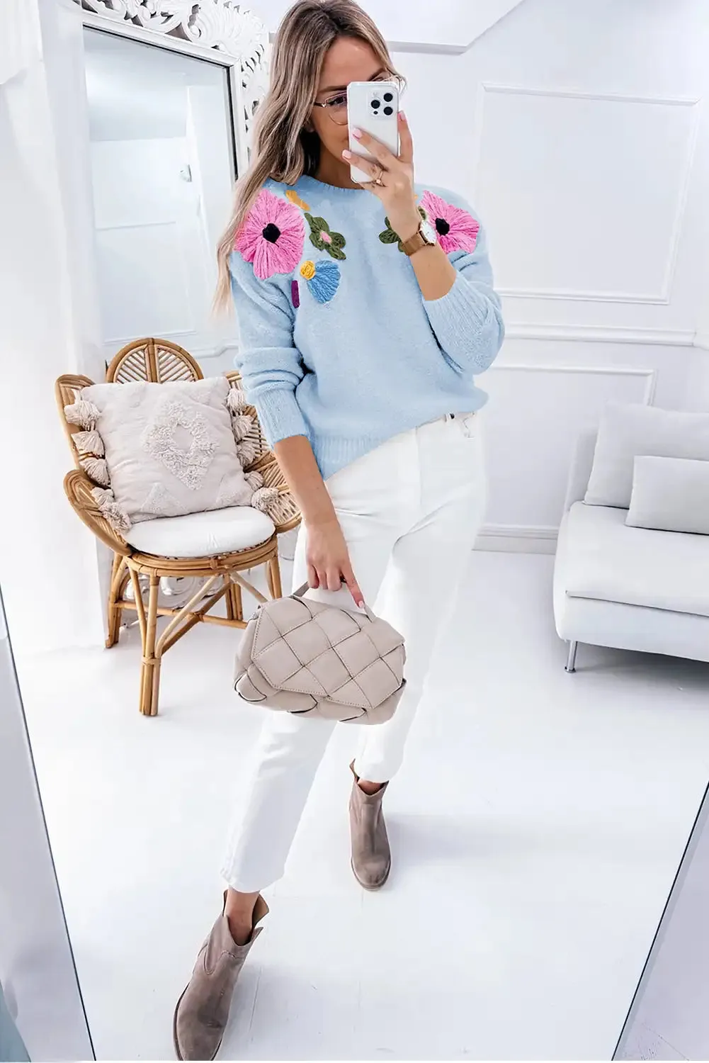 Whimsical Light Blue Knitted Flower Sweater