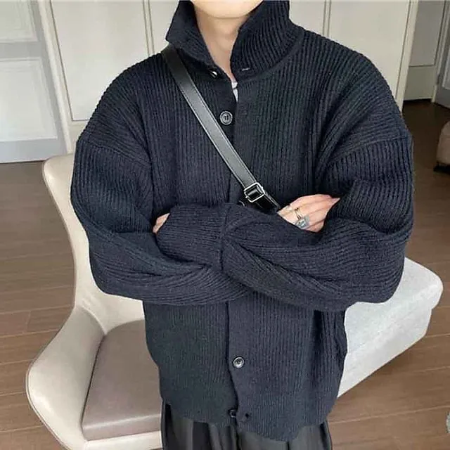 Wiaofellas Men's Cropped  Sweater Cardigan Sweater Fall Sweater Ribbed Knit Regular Knitted Plain Standing Collar Warm Ups Modern Contemporary Daily Wear Going out Clothing Apparel Fall Winter Black Beige M L XL