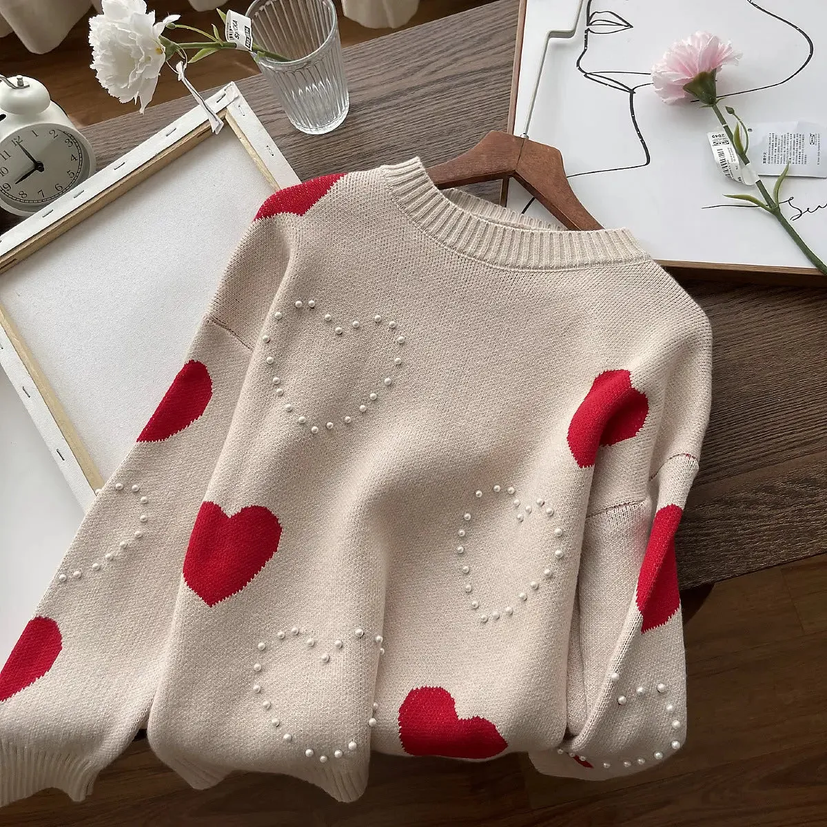 Women's Stylish Loose Round Neck Pearl Peach Heart Long Sleeve Sweater