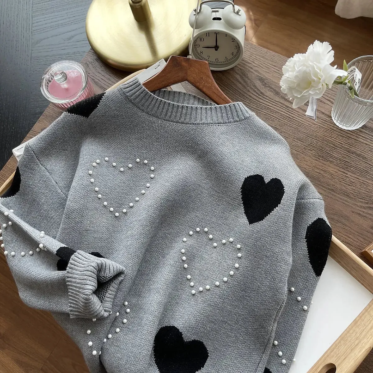 Women's Stylish Loose Round Neck Pearl Peach Heart Long Sleeve Sweater