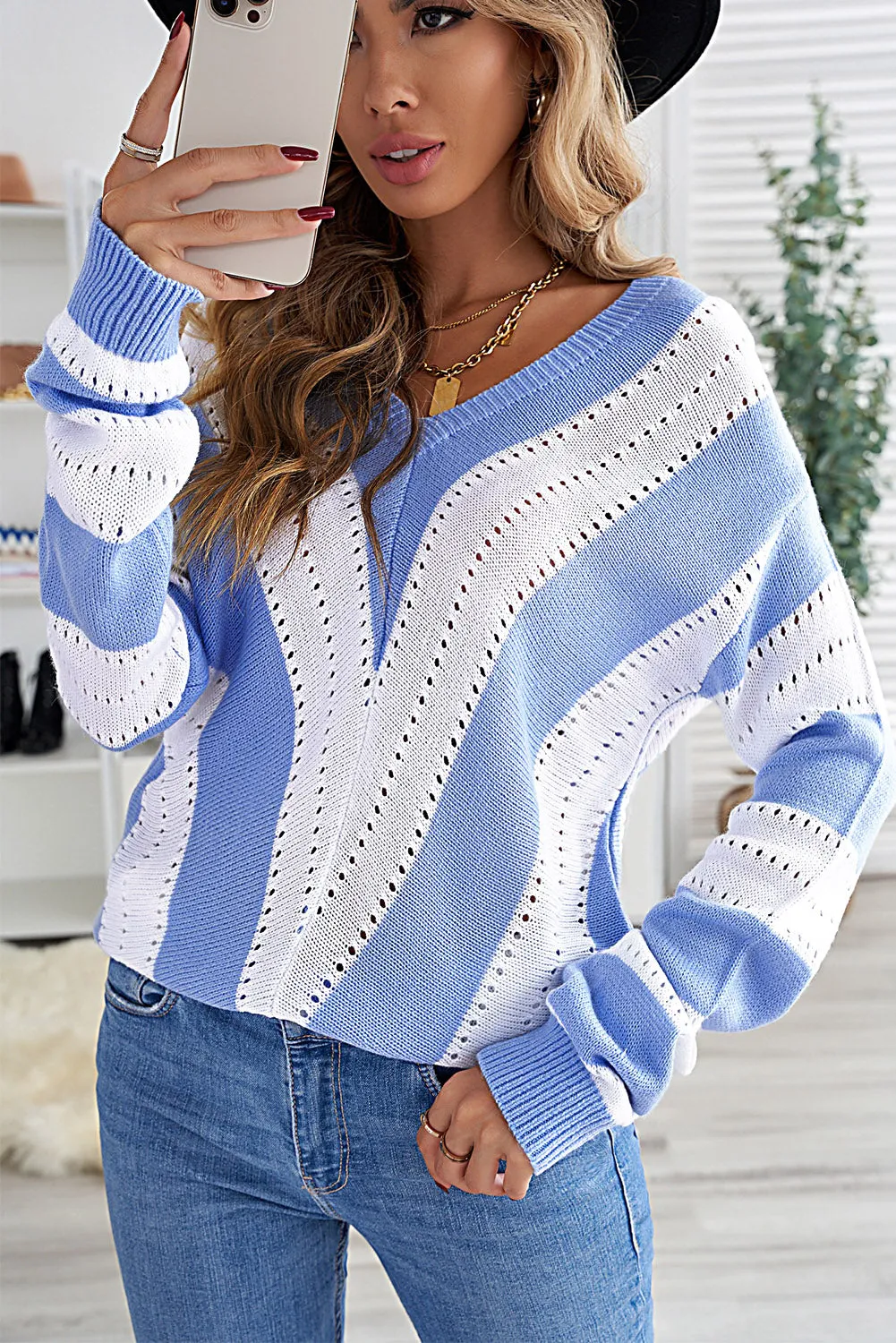 Women's V Neck Striped Color Block Knitted Pointelle Sweater