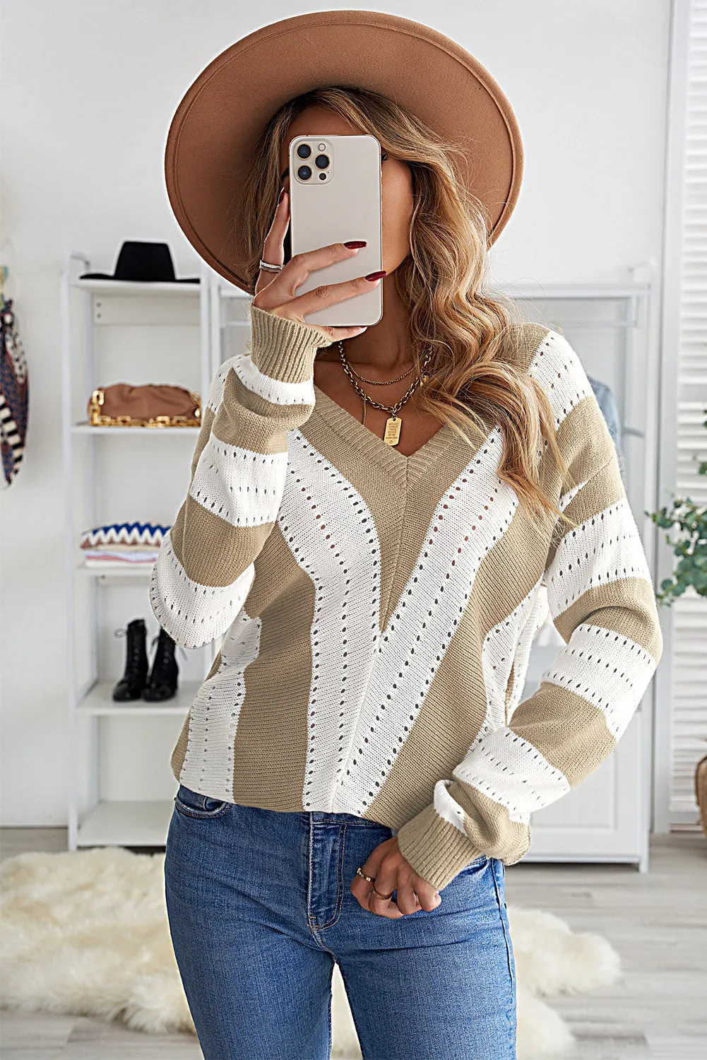 Women's V Neck Striped Color Block Knitted Pointelle Sweater